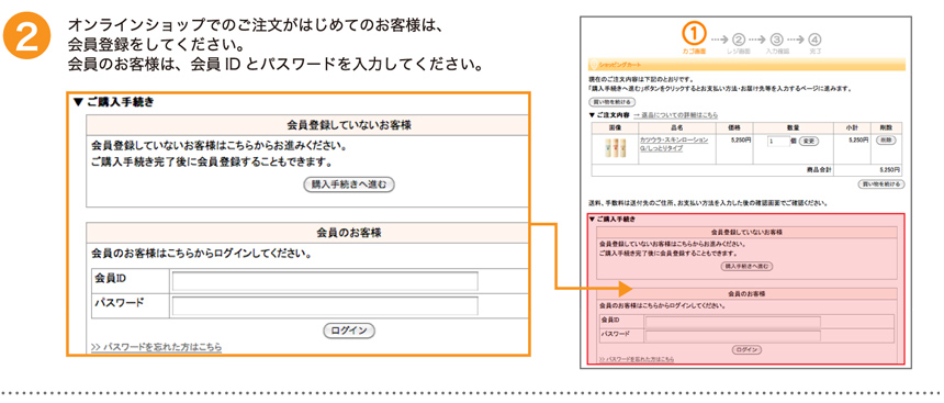 オンラインショップでのご注文が初めてのお客様は、会員登録をしてください。会員のお客様は、会員IDとパスワードを入力してください。