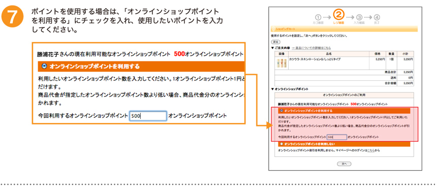 ボイントを使用する場合は、「オンラインショップポイントを利用する」にチェックを入れ、使用したいボイントを入力してください。